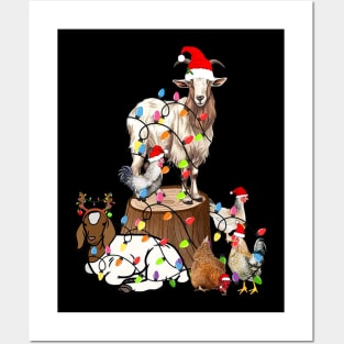 Goat Chicken Santa Hat Reindeer Christmas Lights Farm Animal Posters and Art